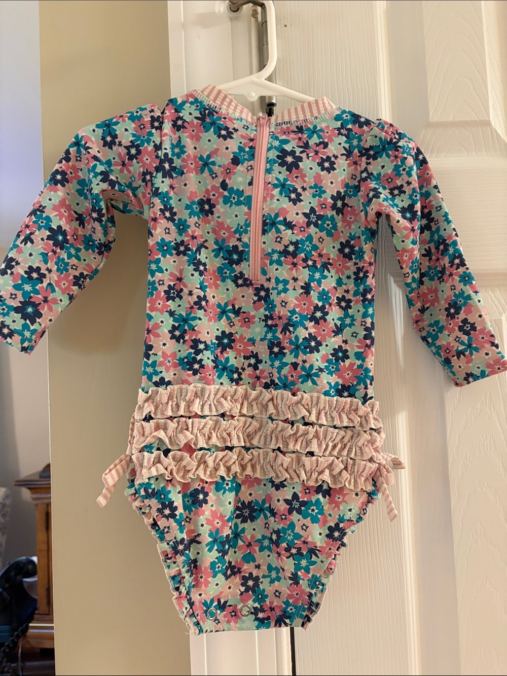 Baby Ruffle Butts Floral Long-Sleeve One-Piece Swimsuit - Pink & Teal